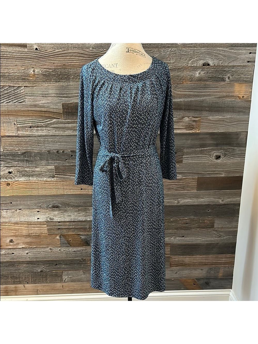 Lands End Blue Patterned Midi Tie Waist 3/4 Length Sleeve Dress Size XS 2-4